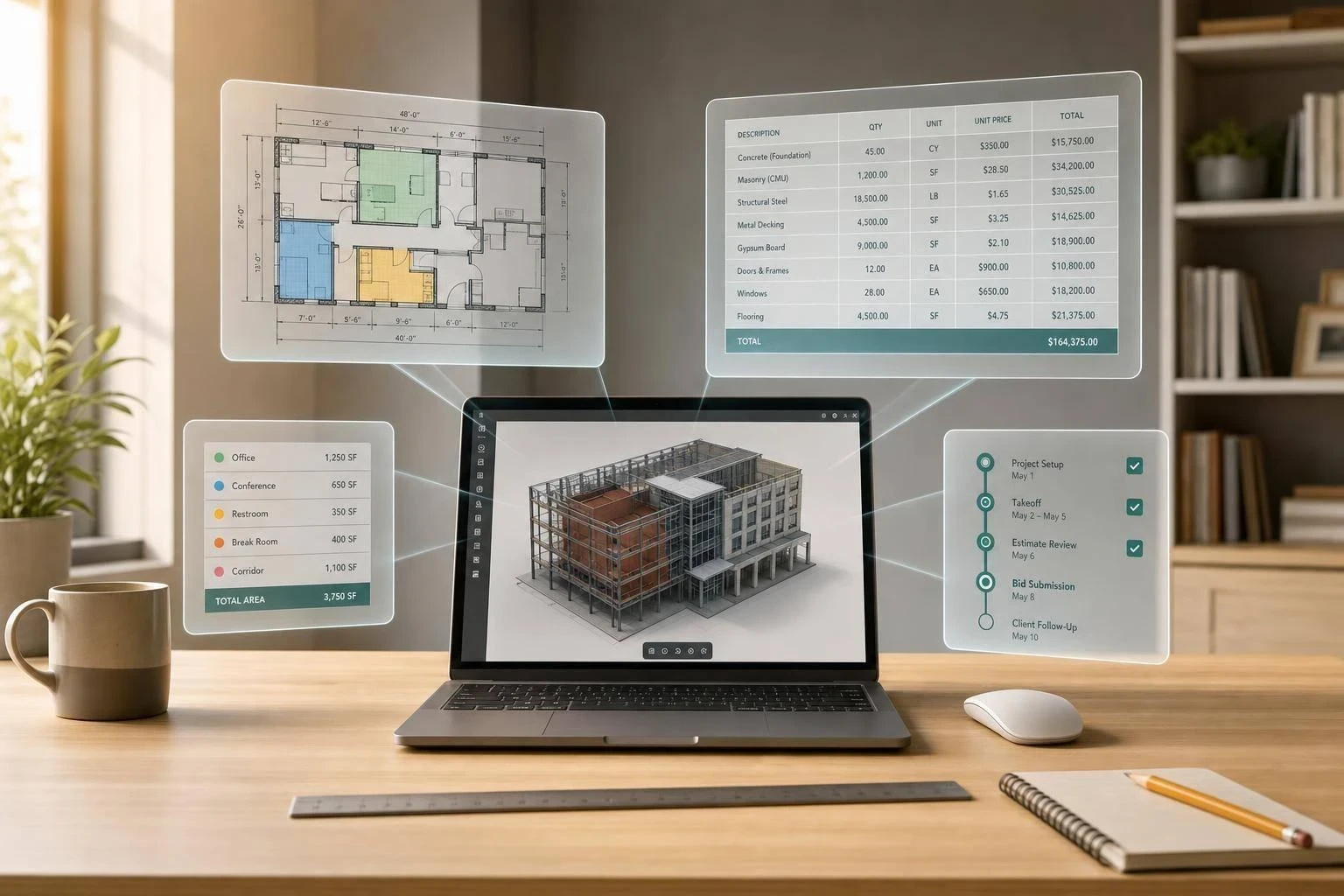 Ordinateur portable affichant une maquette 3D de bâtiment, entouré d'un plan, d'un devis, des surfaces et du planning du projet