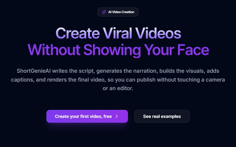 Page d'accueil de ShortGenieAI : créer des vidéos virales sans montrer son visage